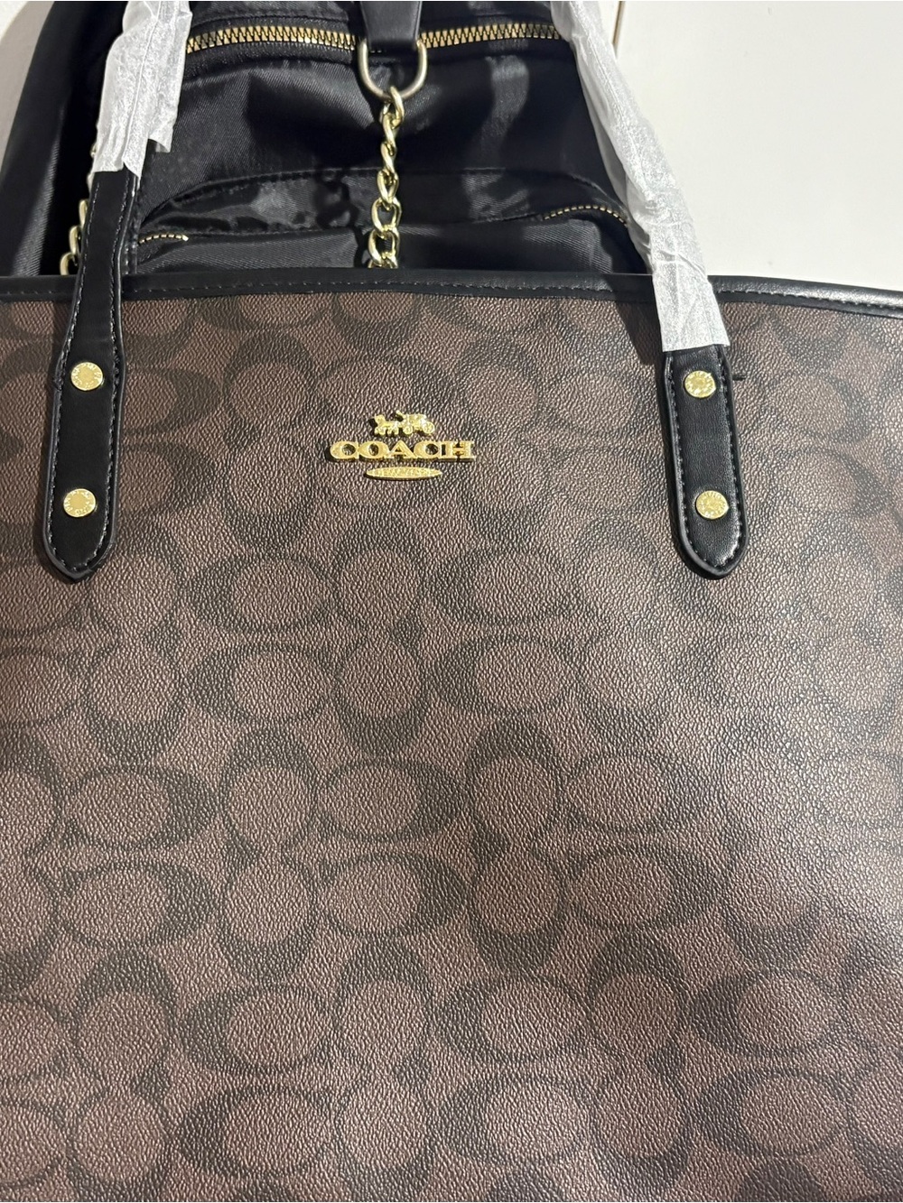 Coach Brown Signature Canvas Tote with Black Trim & Gold Logo